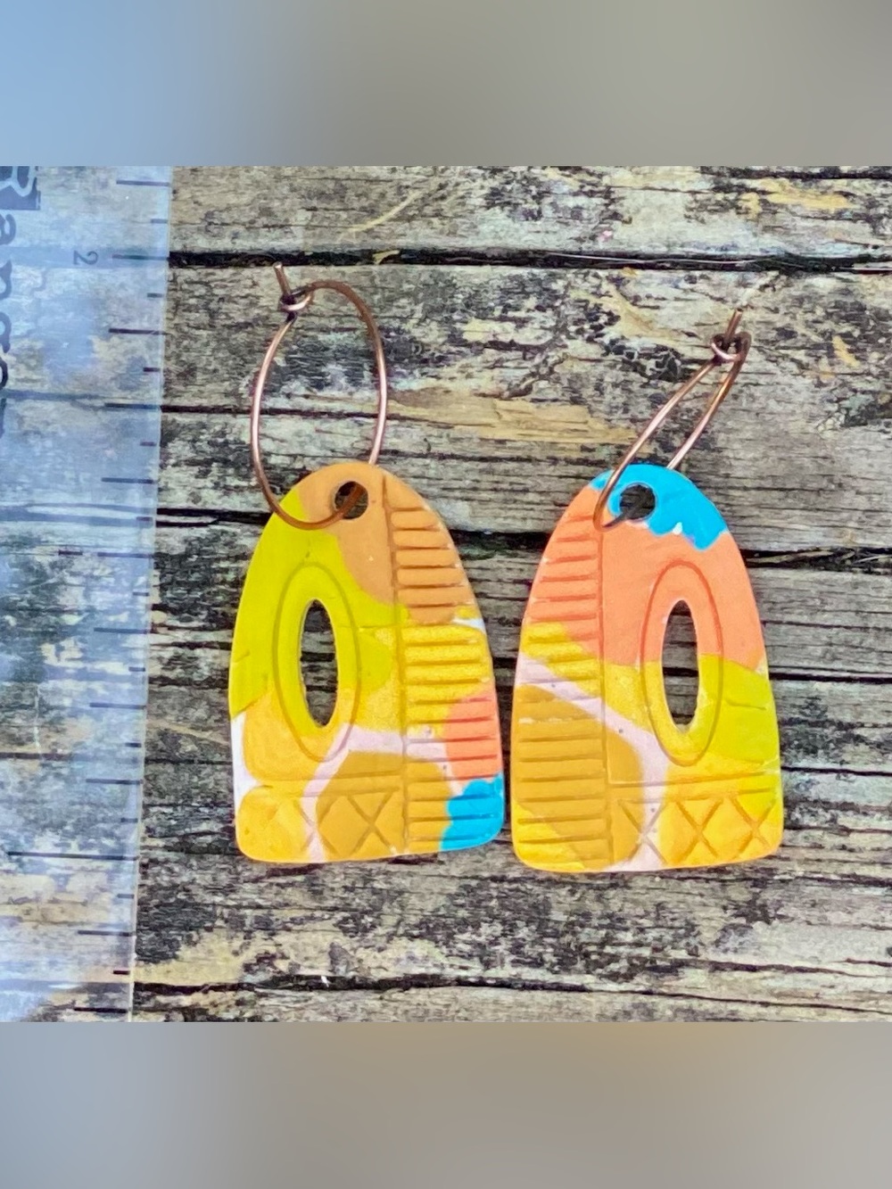 Colorblock Polymer Clay Drop Earrings - Yellow, Orange & Blue